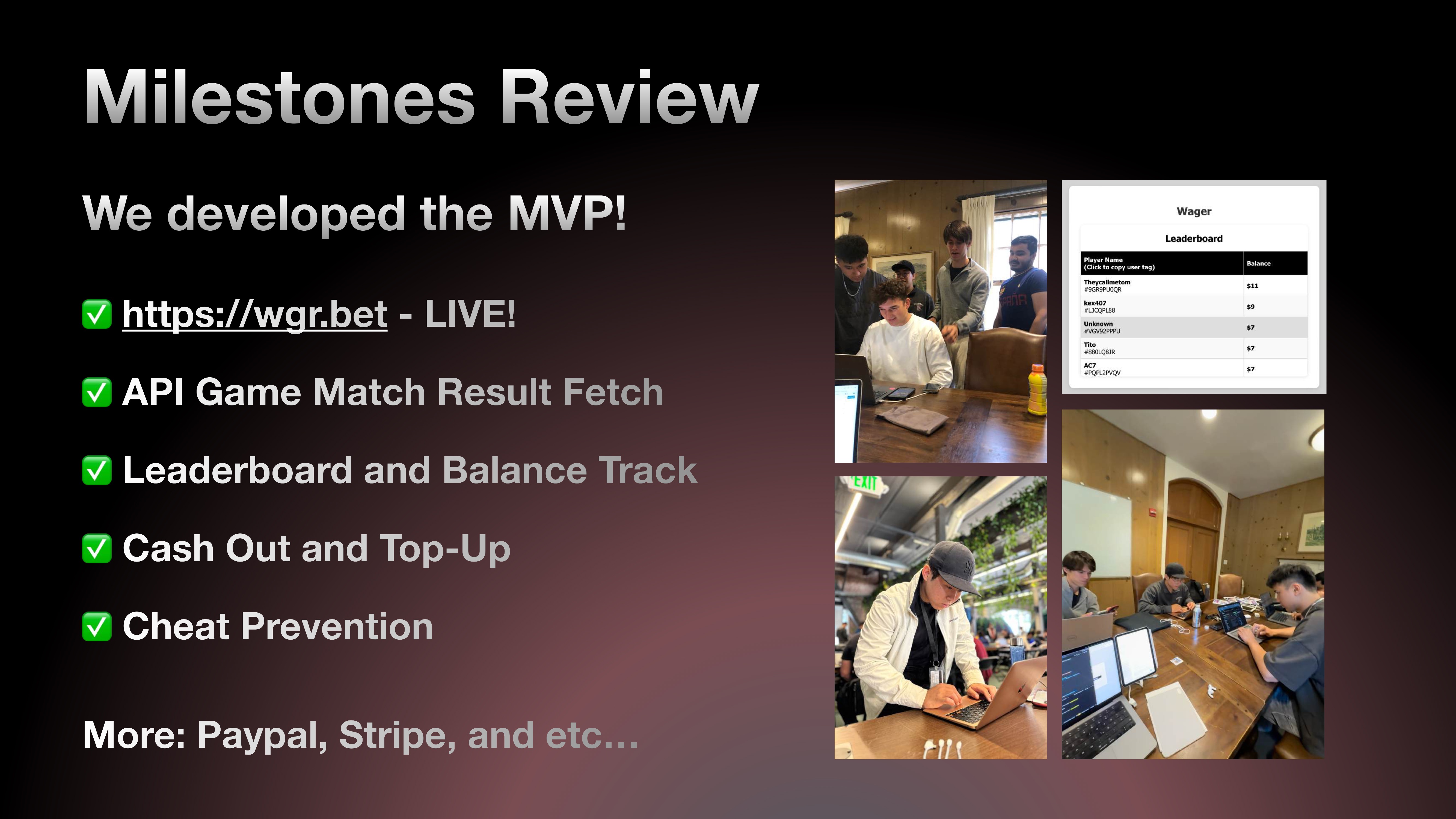 "Milestones Review" slide from our final pitch, summarizing the MVP: live site at wgr.bet, API game result fetch, leaderboard and balance tracking, cash-out and top-up, and cheat prevention.