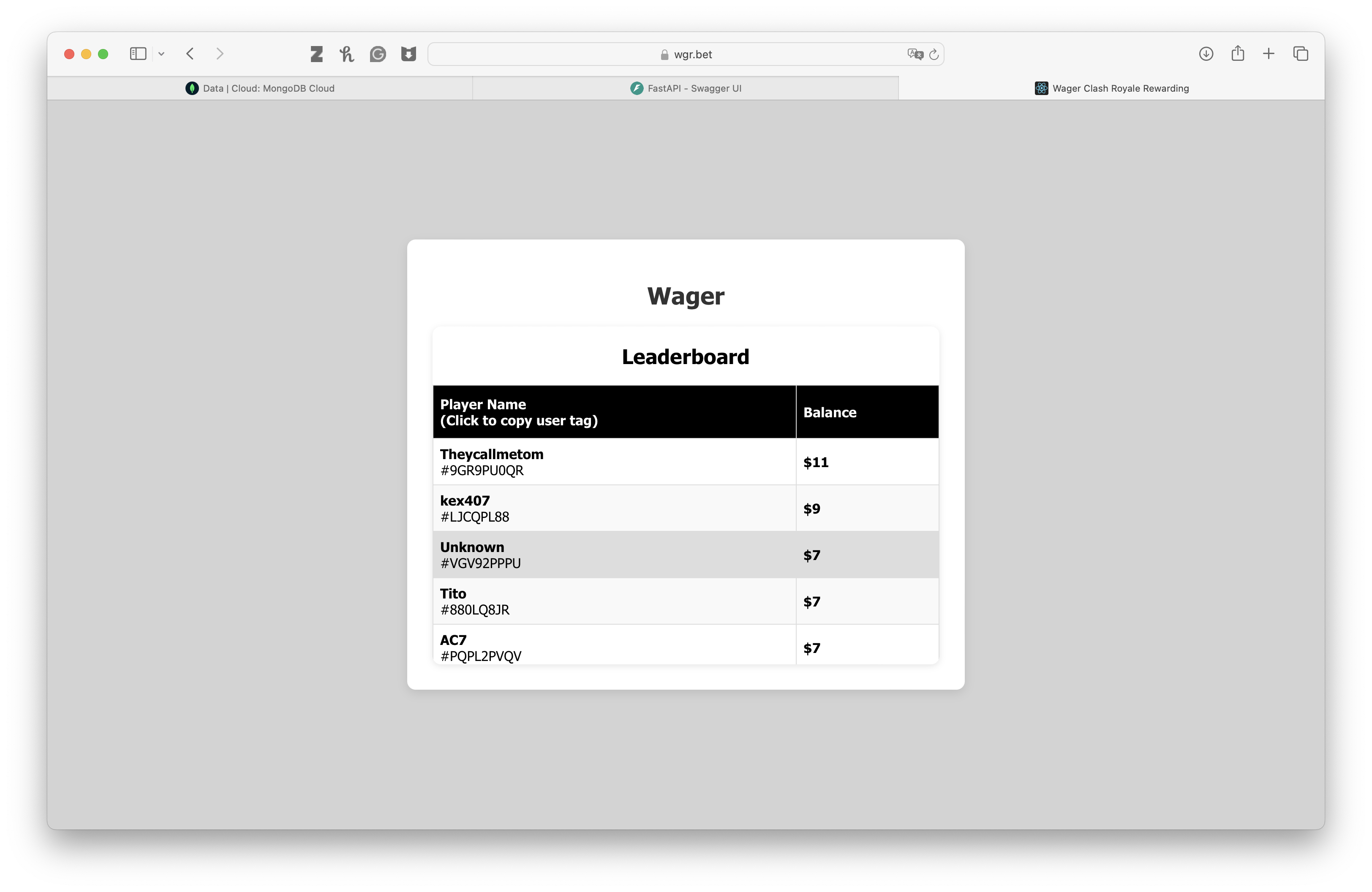 Desktop leaderboard view from the live Wager web app on wgr.bet showing player balances after Clash Royale matches.