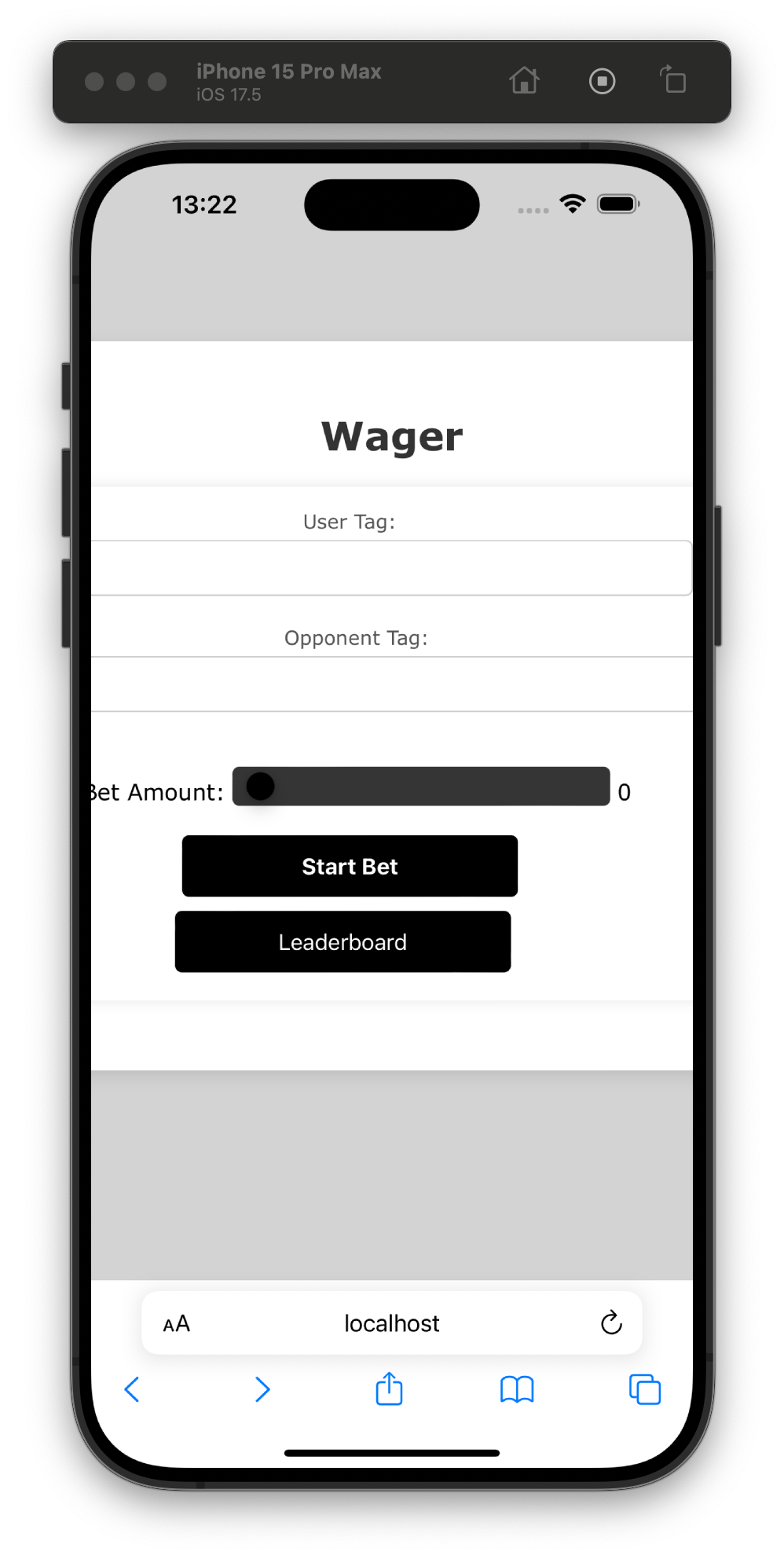 Early screenshot of optimizing Wager as a mobile web app.