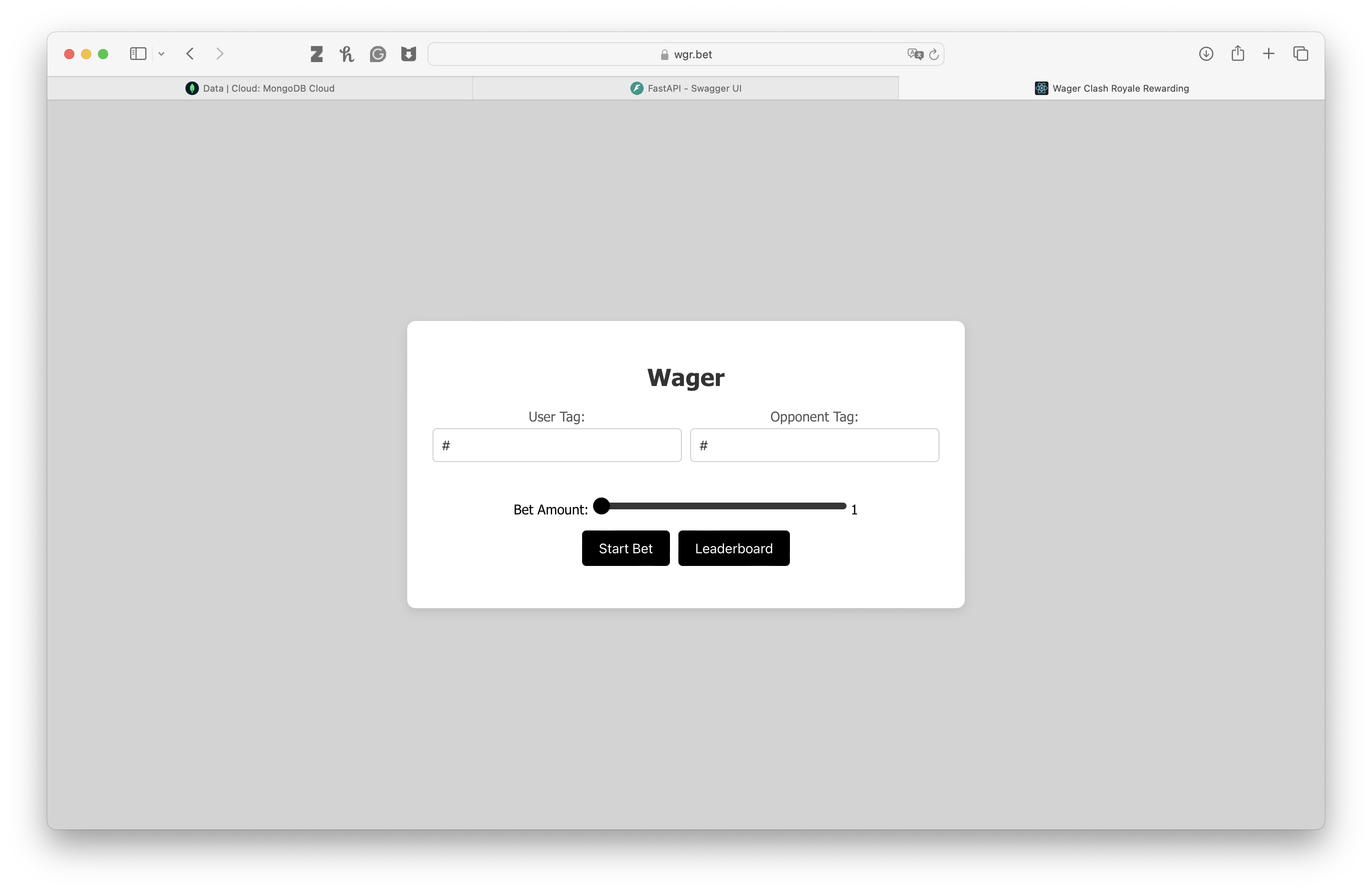 Simple bet and balance interface from the Wager web app illustrating how players top up and see their funds.