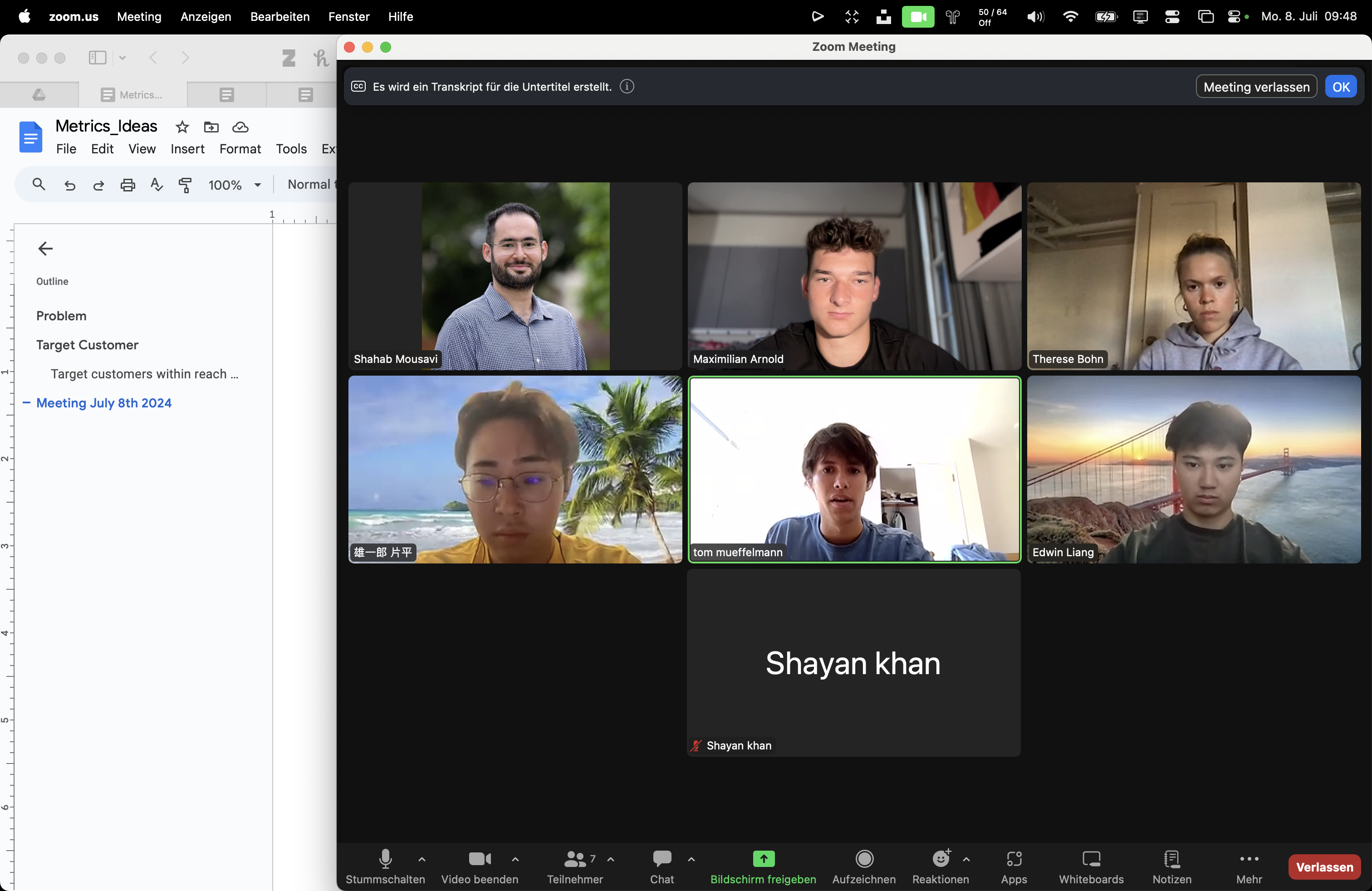 Working session with Shahab and the team in a Zoom call, refining our target customers and success metrics in a shared "Metrics_Ideas" doc.